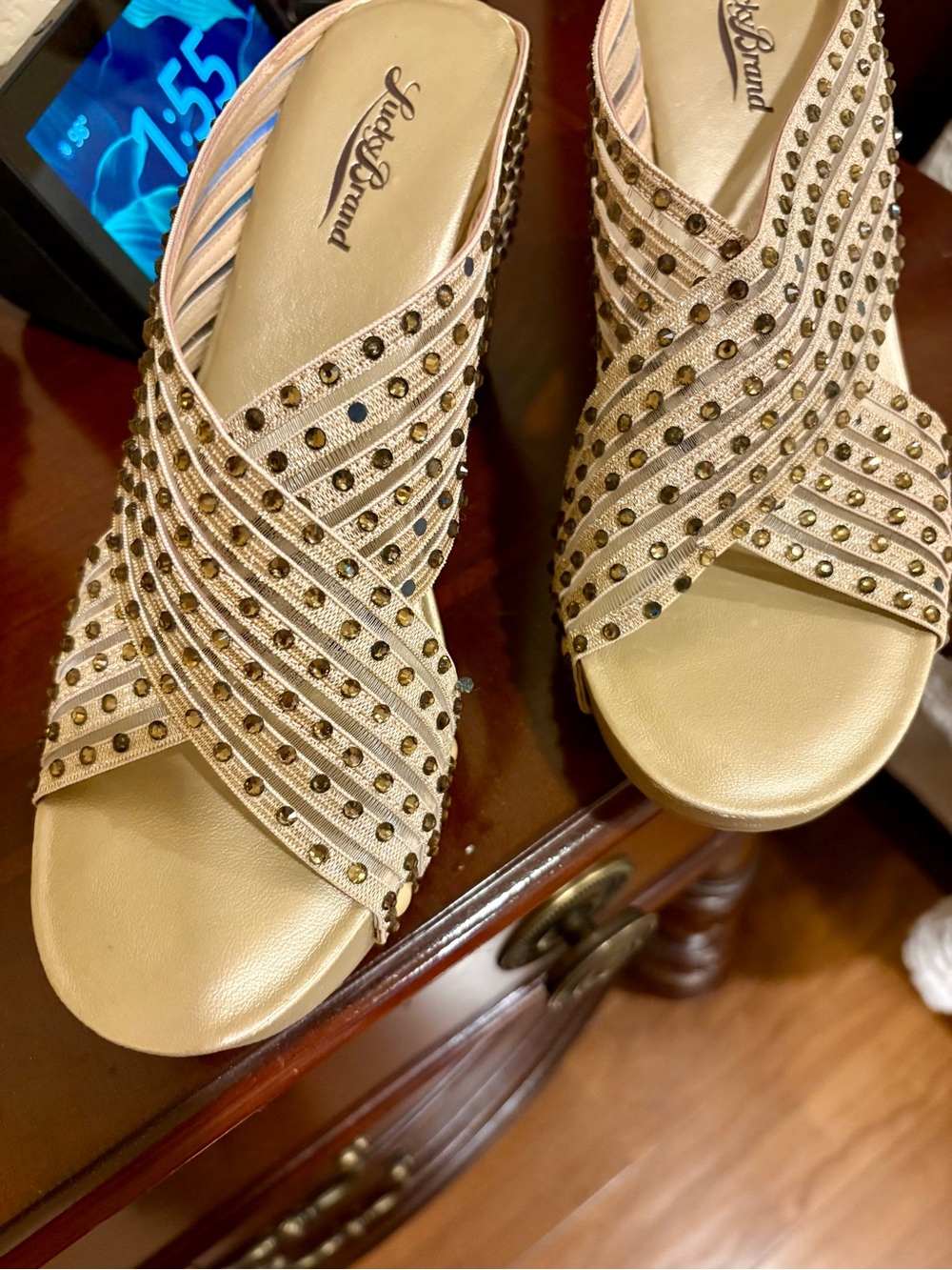 Lucky Brand Women's Gold Studded Crisscross Slide Mules shiny stones